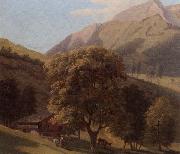 A mountainous landscape with a maid before a chalet in a valley unknow artist